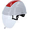 Casque de chantier blanc avec dessus rouge et visière transparente. Sangle noire pour la fixation.